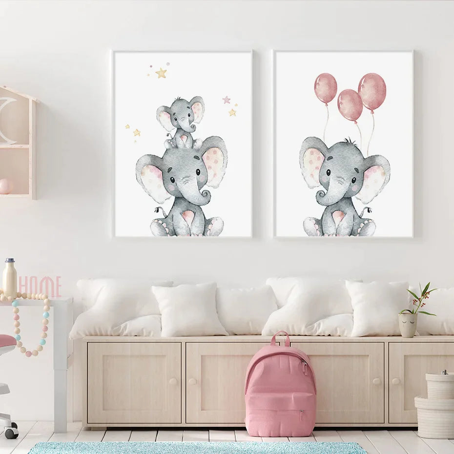 Cute Elephant Personalized Baby's Name Custom Poster Canvas Painting Nursery Wall Art Print Pictures Gift Baby Room Home Decor